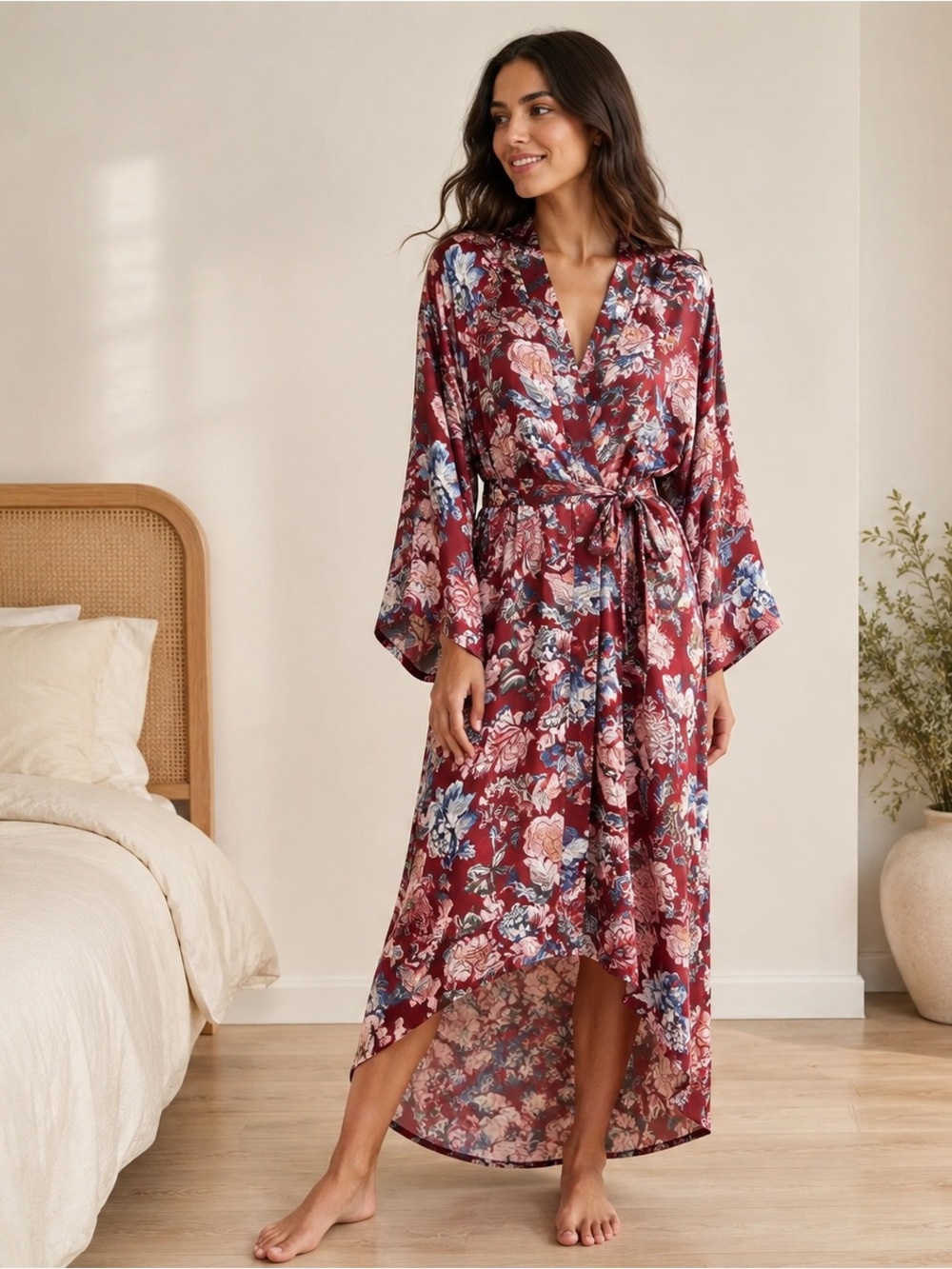 Maison Du Soir Burgundy Floral Kimono Robe XS/S Belted High-Low